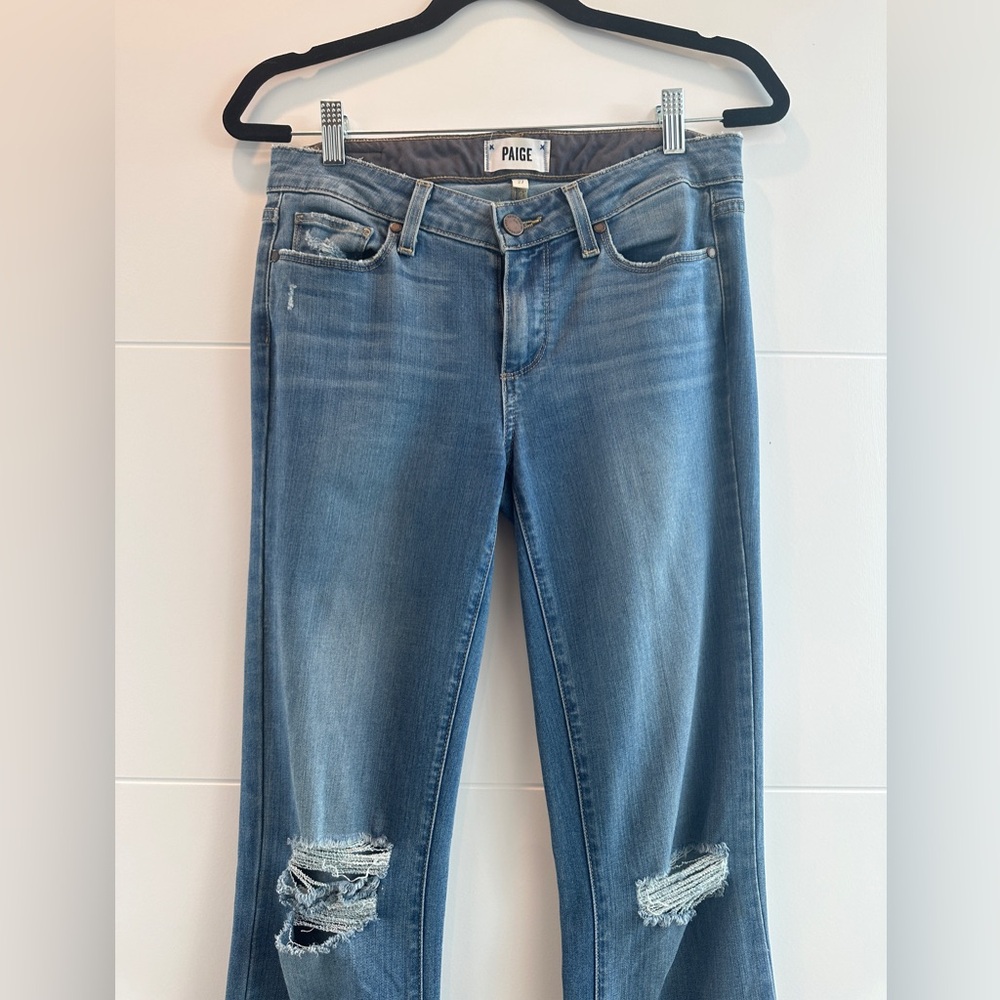 PAIGE Lou Lou Flare Jeans Low Rise Distressed Blue Denim | Size 27 - Picture 9 of 13